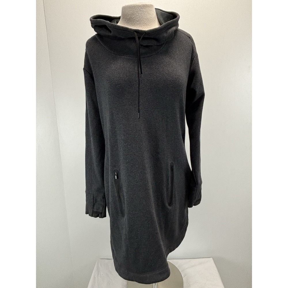 Athleta Cozy Karma Hooded Sweatshirt Dress Women's L Grey Fleece Lined Pockets